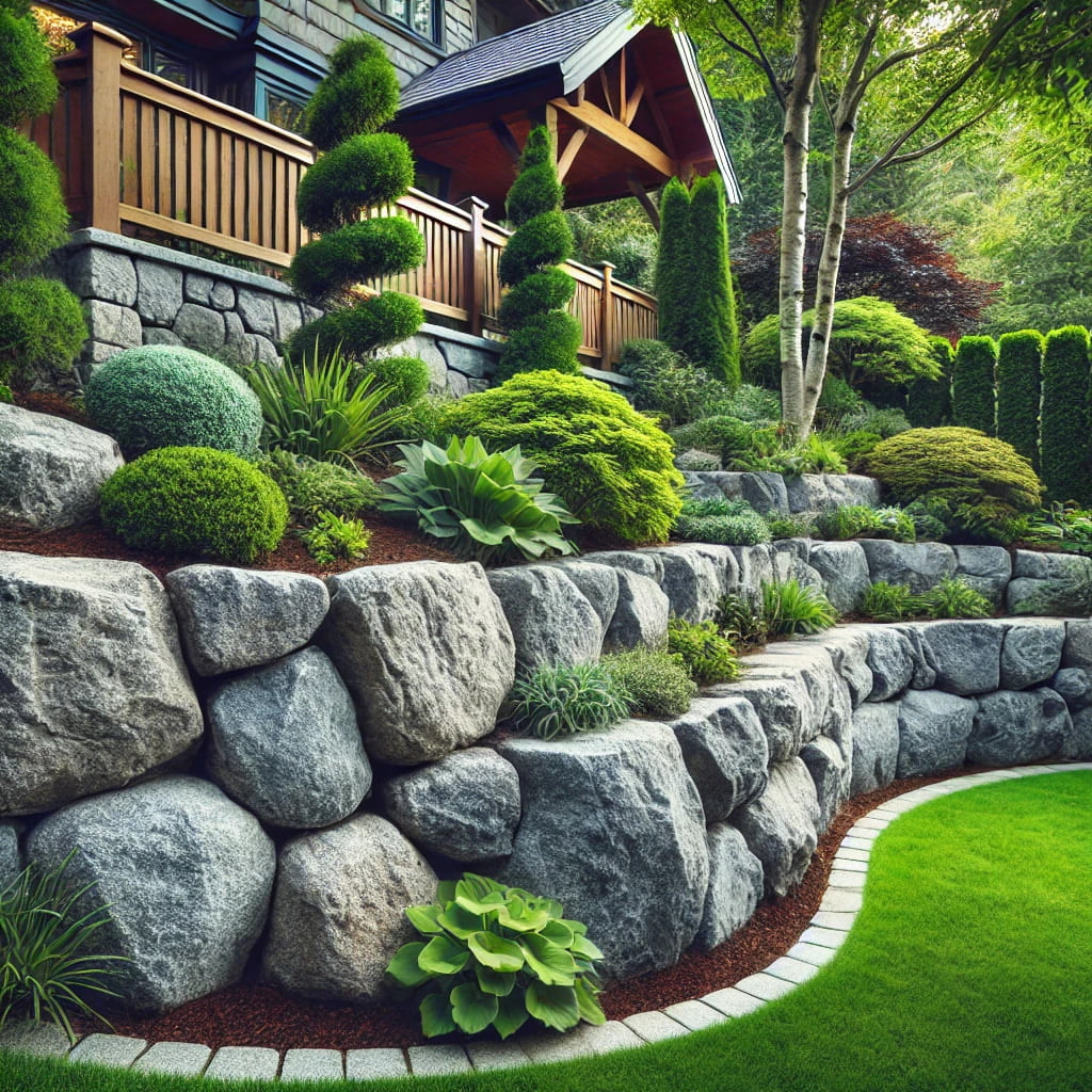 A beautifully crafted boulder retaining wall in a residential garden, made from large natural stones. The wall seamlessly blends with surrounding greenery, including lush plants, shrubs, and a well-maintained lawn. The rugged texture of the boulders contrasts with the soft, vibrant foliage, creating a natural, timeless aesthetic that enhances the outdoor landscape.