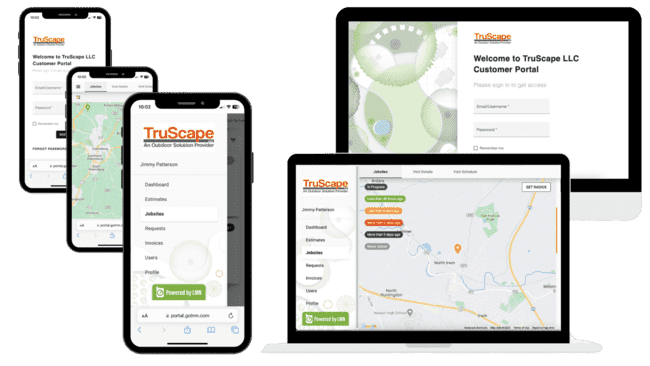 TruScape LLC customer portal displayed on smartphones and laptops, featuring maps, job site details, and login screens for outdoor solutions management.