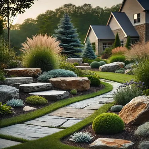 Landscape with a stone walkway bordered by ornamental grasses, boulders, and neatly trimmed shrubs, leading to a modern suburban home.