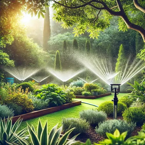 Garden with vibrant greenery and neatly arranged plants being watered by sprinklers under the warm morning sunlight.