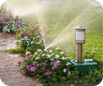 Sprinklers watering a garden bed with pink and white flowers along a stone pathway, with a decorative light post nearby.