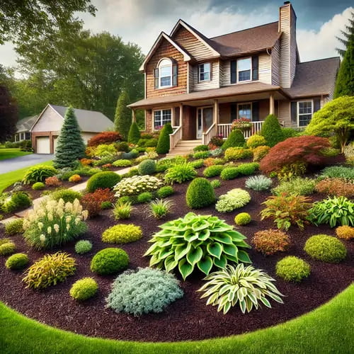 Front yard of a suburban home featuring neatly arranged ornamental shrubs, colorful plants, and manicured bushes surrounded by mulch.