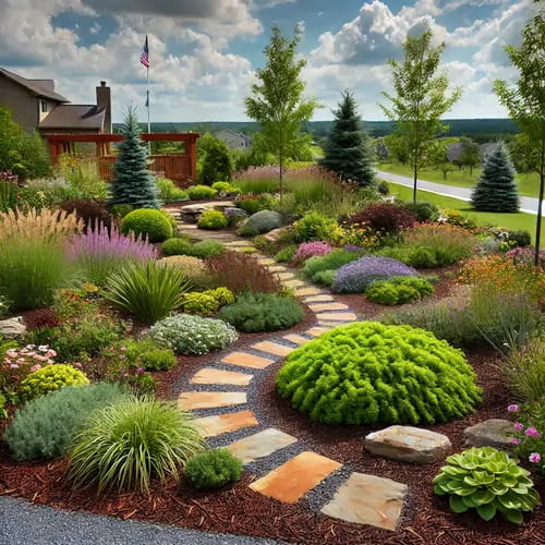 Beautifully landscaped garden with a stone path winding through vibrant shrubs, flowering plants, and trimmed bushes, bordered by trees and open fields.