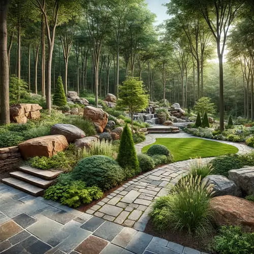 Woodland garden with a stone path leading through lush greenery, boulders, and a waterfall, surrounded by tall trees and a small manicured lawn.