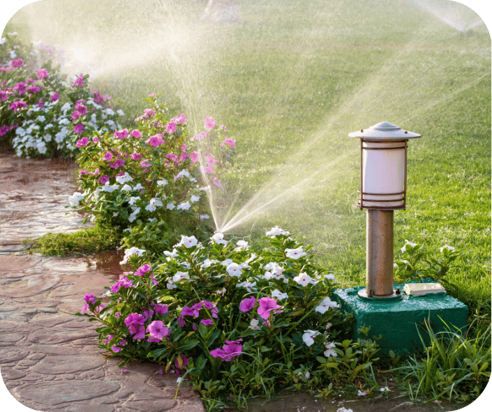 Sprinklers watering vibrant flower beds with pink and white blooms along a stone path, next to a garden light in a lush green lawn.