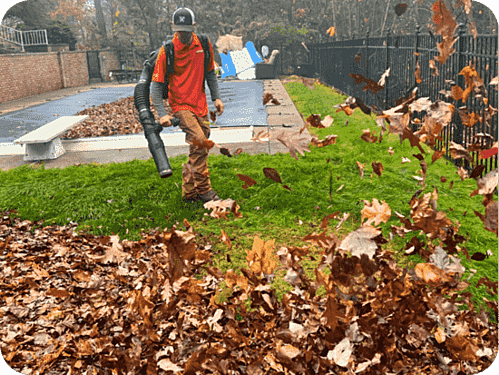 A TruScape Employee dressed in an orange polo shirt blowing fall leaves. 