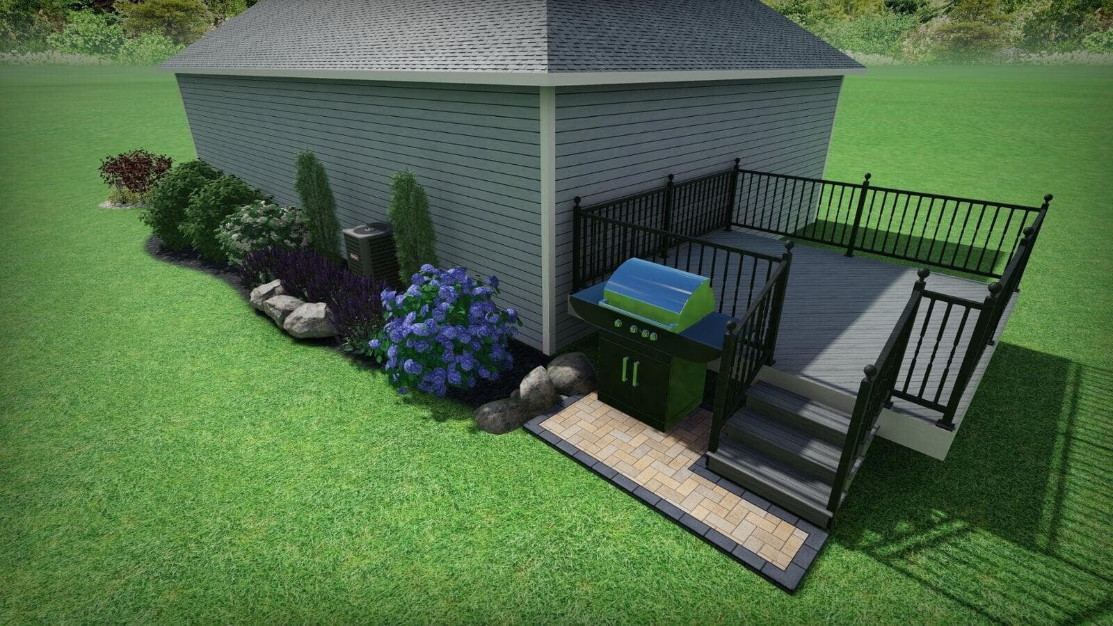 Backyard with a small patio deck, black railings, and a grill on a paved area next to a landscaped garden with shrubs and blooming hydrangeas.