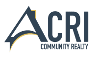 ACRI Community Realty logo with bold blue text and a stylized house roof icon outlined in blue and gold.