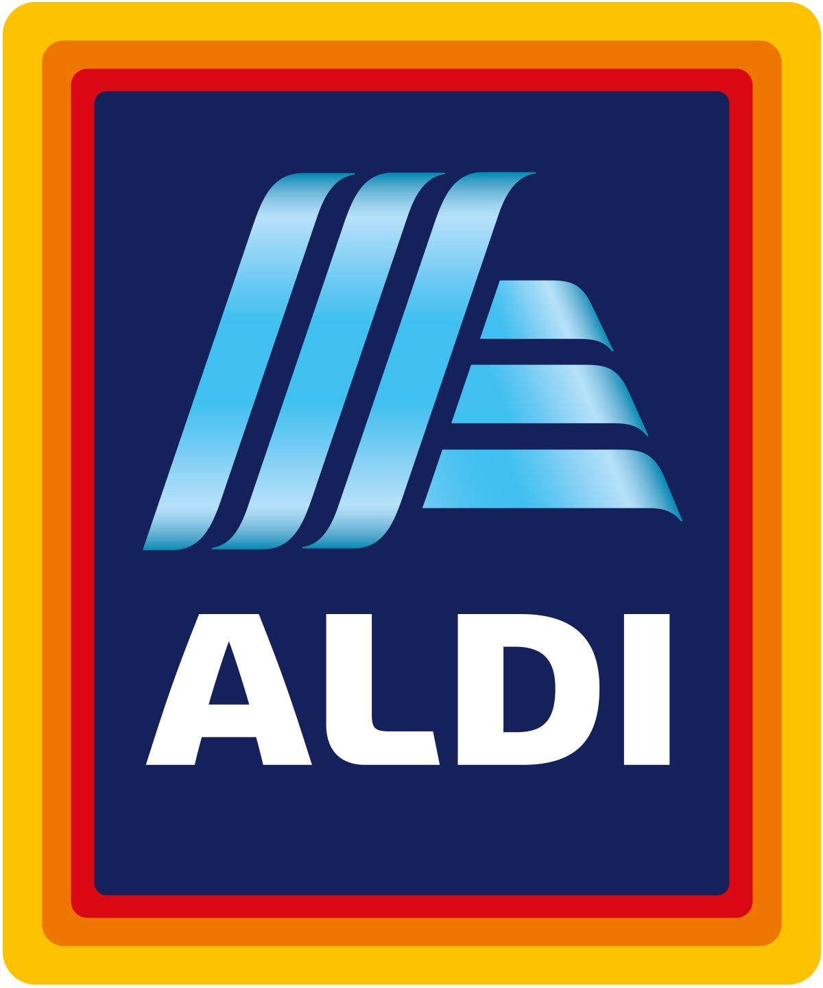 ALDI logo featuring bold white text with a stylized blue "A" on a dark blue background, surrounded by layered red, orange, and yellow borders.