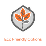 "EcoFriendly Options" emblem with an orange and gray leaf inside a shield, symbolizing sustainable and environmentally friendly choices.