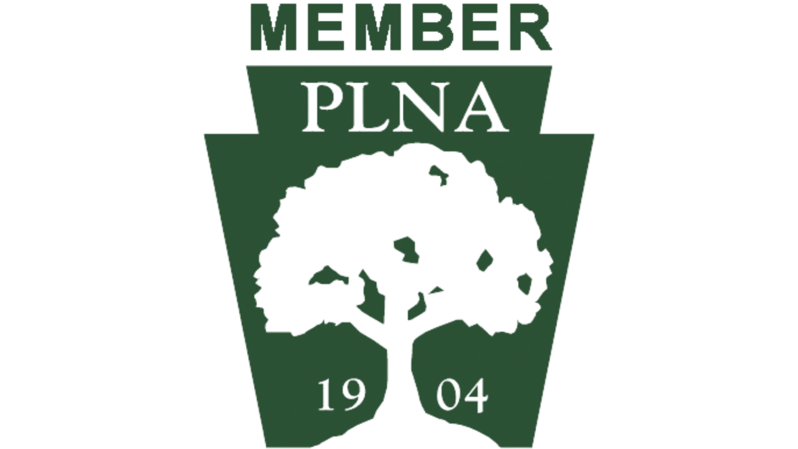 Pennsylvania Landscape and Nursery Association (PLNA) member logo, featuring a tree inside a green keystone shape with "1904" at the bottom.