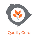 "Quality Care" emblem with an orange leaf inside a gray leaf outline, representing high standards in care.