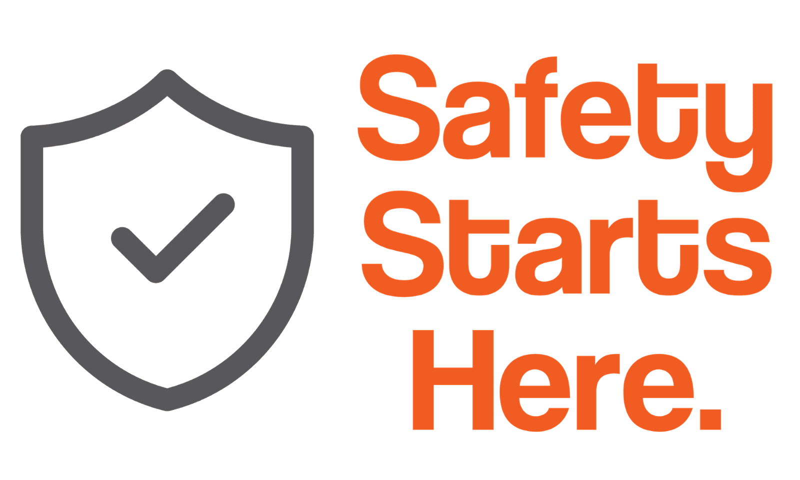 Safety Starts Here logo with an orange text and a shield icon featuring a checkmark.