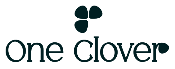 "One Clover" logo with a minimalist clover icon placed above the text in dark green.