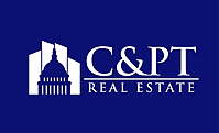 C&PT Real Estate logo in white on a blue background, featuring a stylized building and dome icon next to the company name in elegant serif font.