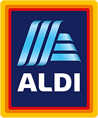 ALDI logo featuring bold white text with a stylized blue "A" on a dark blue background, surrounded by layered red, orange, and yellow borders.