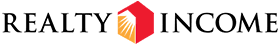 Realty Income logo featuring black text with a red and orange house-shaped icon in the center.